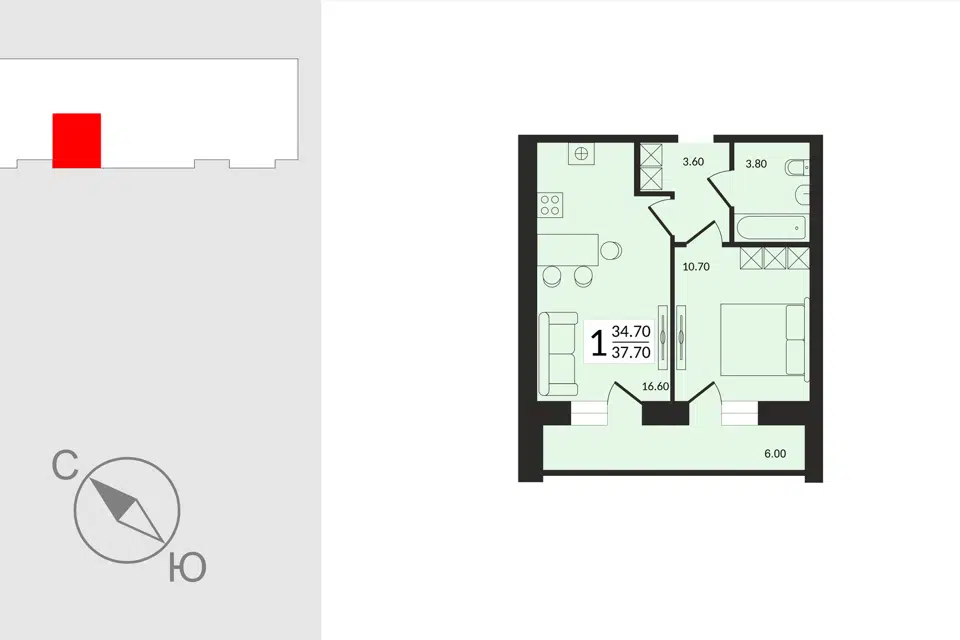 Продаётся 1-комнатная квартира, 38.45 м²
