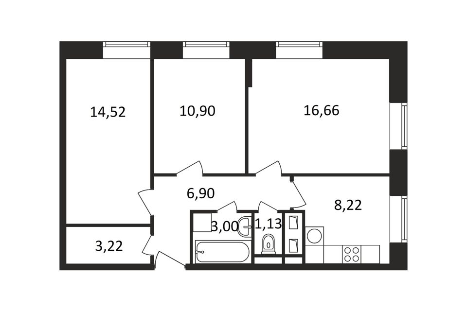 Продаётся 3-комнатная квартира, 64.6 м²