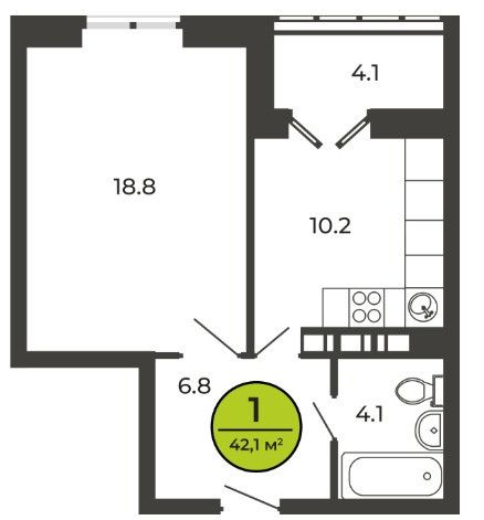 Продаётся 1-комнатная квартира, 42.1 м²
