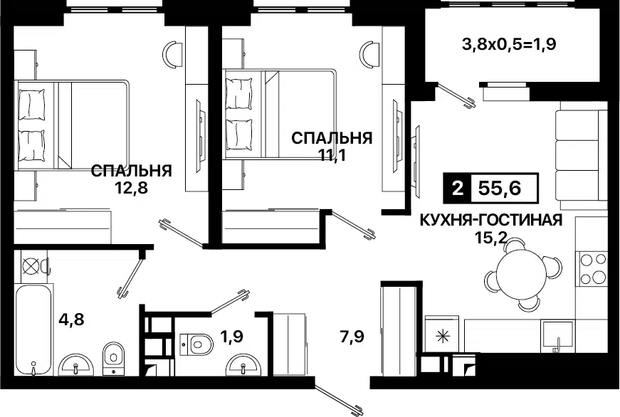 Продаётся 2-комнатная квартира, 55.6 м²