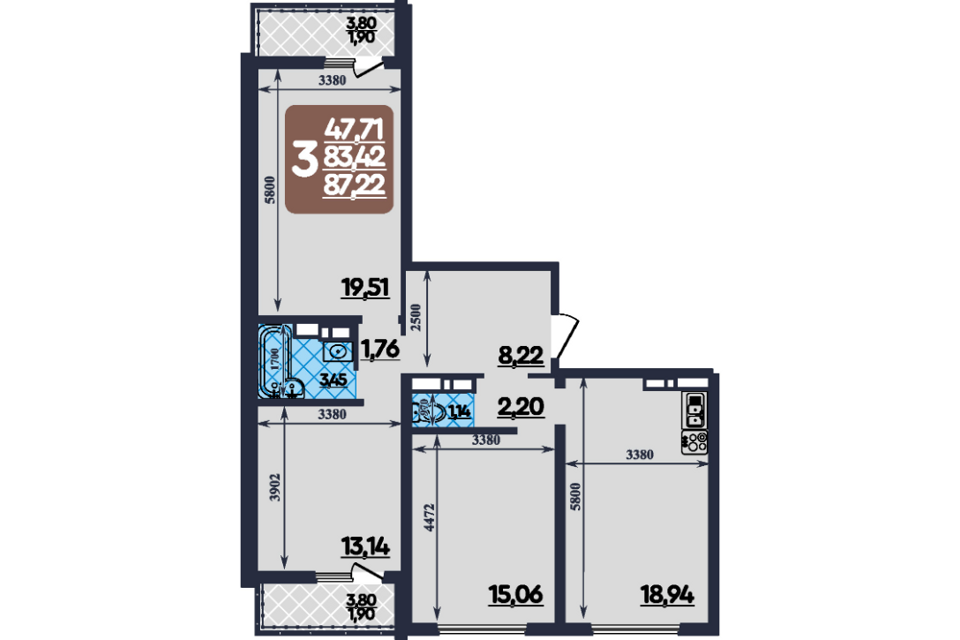 Продаётся 3-комнатная квартира, 87 м²