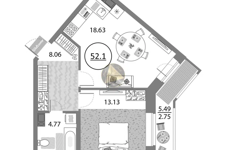 Продаётся 1-комнатная квартира, 52.1 м²