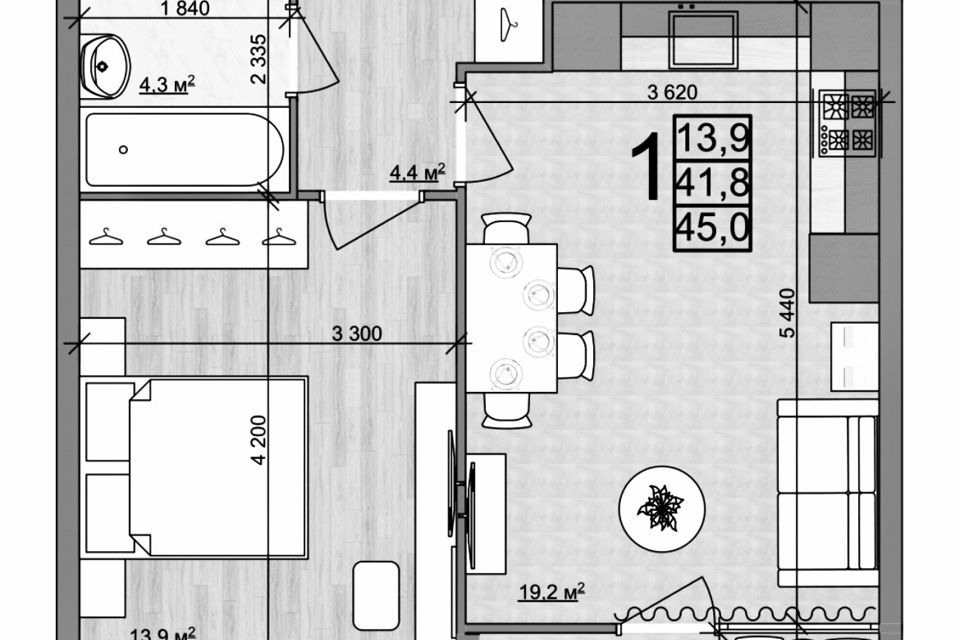 Продаётся 1-комнатная квартира, 45 м²