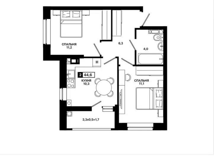 Продаётся 2-комнатная квартира, 44.6 м²