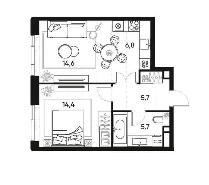 Продаётся 1-комнатная квартира, 47.2 м²