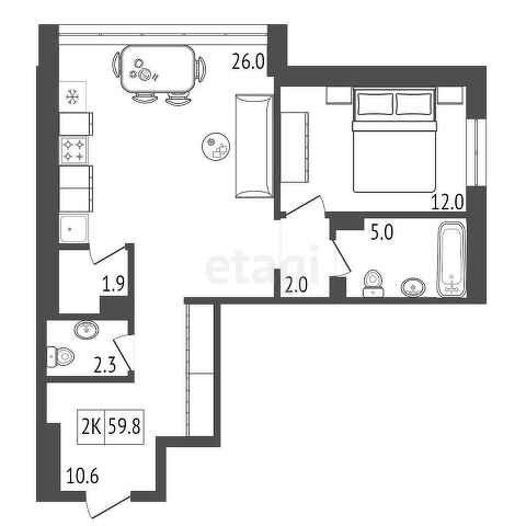 Продаётся 1-комнатная квартира, 59.8 м²