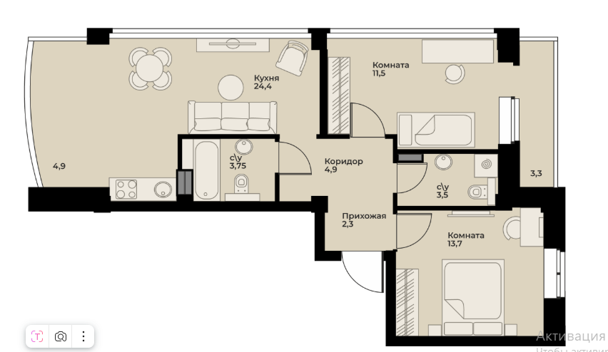 Продаётся 2-комнатная квартира, 61.5 м²