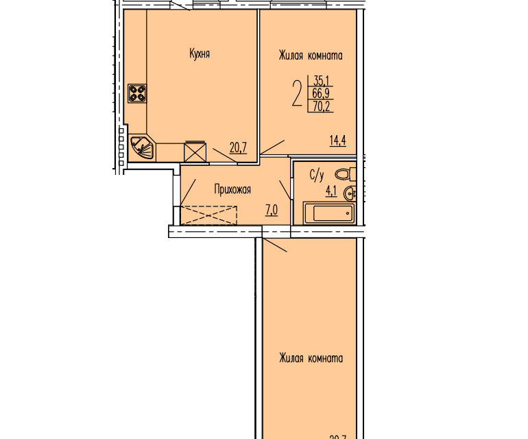 Продаётся 2-комнатная квартира, 66 м²
