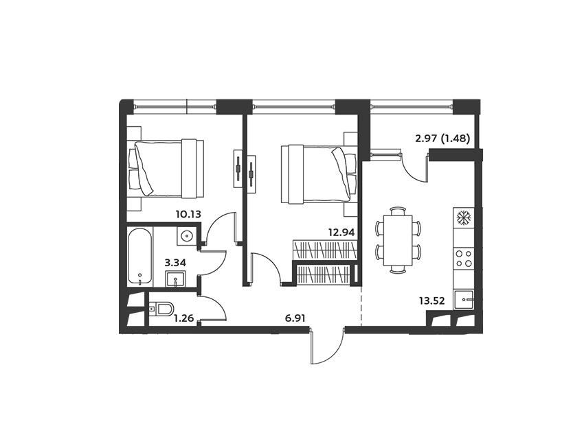 Продаётся 2-комнатная квартира, 48.99 м²