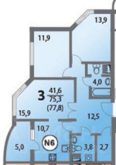 Продаётся 3-комнатная квартира, 75.1 м²