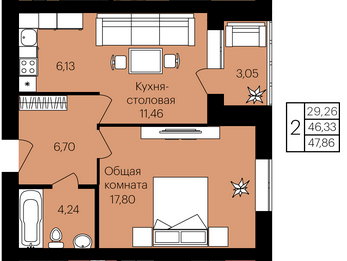 Продаётся 2-комнатная квартира, 46.6 м²