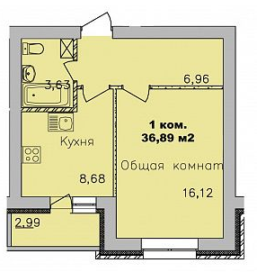 Продаётся 1-комнатная квартира, 36.89 м²