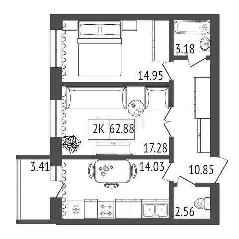 Продаётся 2-комнатная квартира, 64.7 м²