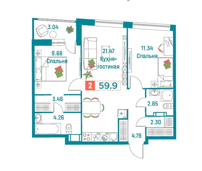 Продаётся 2-комнатная квартира, 59.95 м²