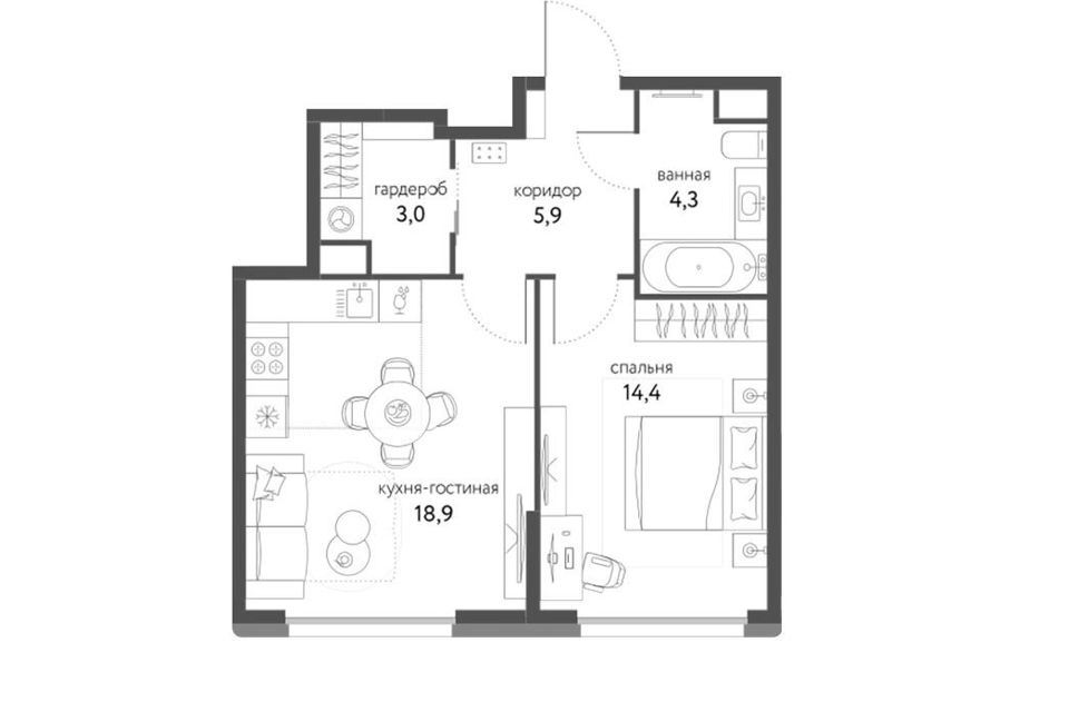 Продаётся 1-комнатная квартира, 46.5 м²