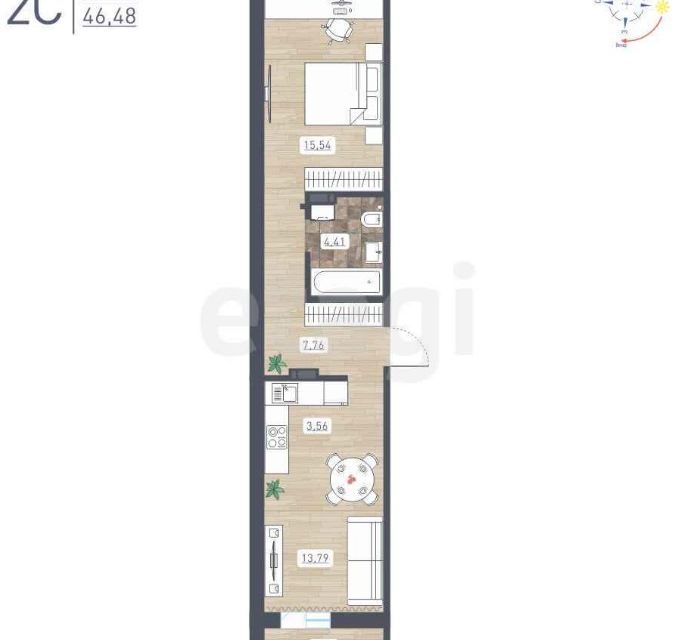 Продаётся 2-комнатная квартира, 46.48 м²