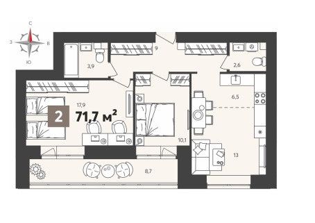 Продаётся 2-комнатная квартира, 71.7 м²