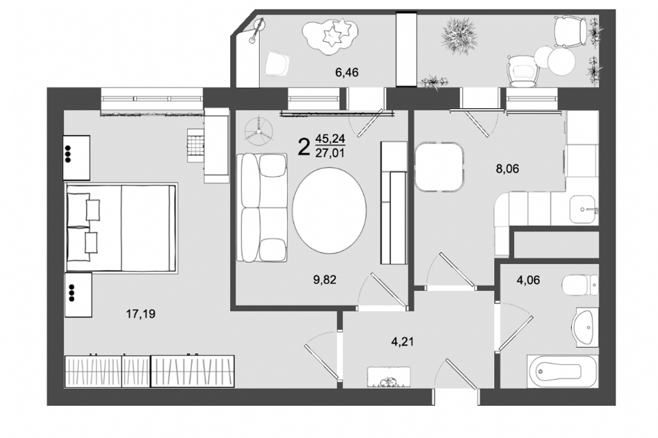 Продаётся 2-комнатная квартира, 45.24 м²