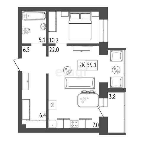 Продаётся 1-комнатная квартира, 59.1 м²