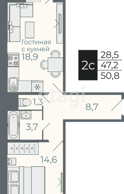 Продаётся 1-комнатная квартира, 50.8 м²