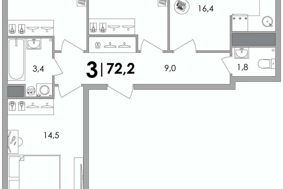 Продаётся 3-комнатная квартира, 72 м²