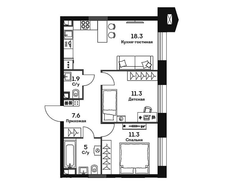 Продаётся 2-комнатная квартира, 55.4 м²