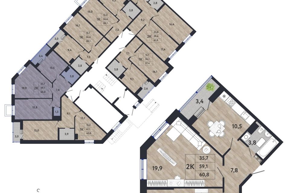 Продаётся 2-комнатная квартира, 59.1 м²