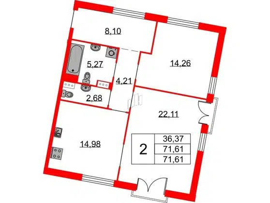 Продаётся 2-комнатная квартира, 71 м²