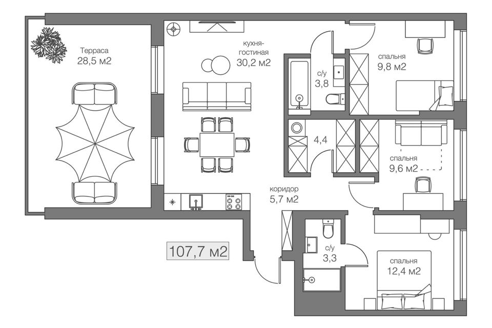 Продаётся 3-комнатная квартира, 107.7 м²