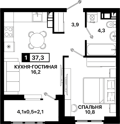 Продаётся 1-комнатная квартира, 37 м²