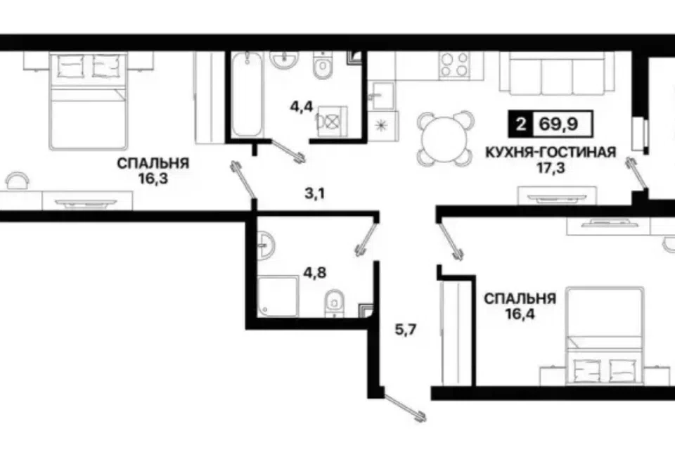 Продаётся 2-комнатная квартира, 69.9 м²