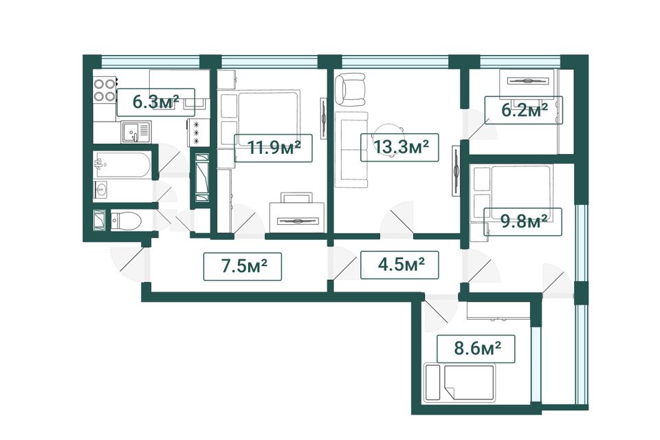Продаётся 5-комнатная квартира, 71.3 м²