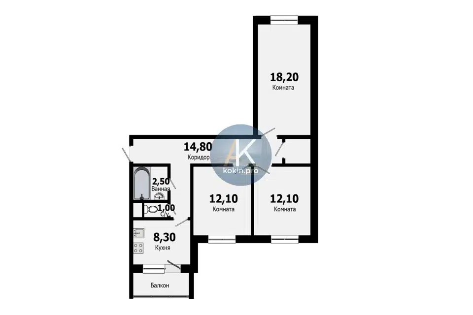 Продаётся 3-комнатная квартира, 71.3 м²