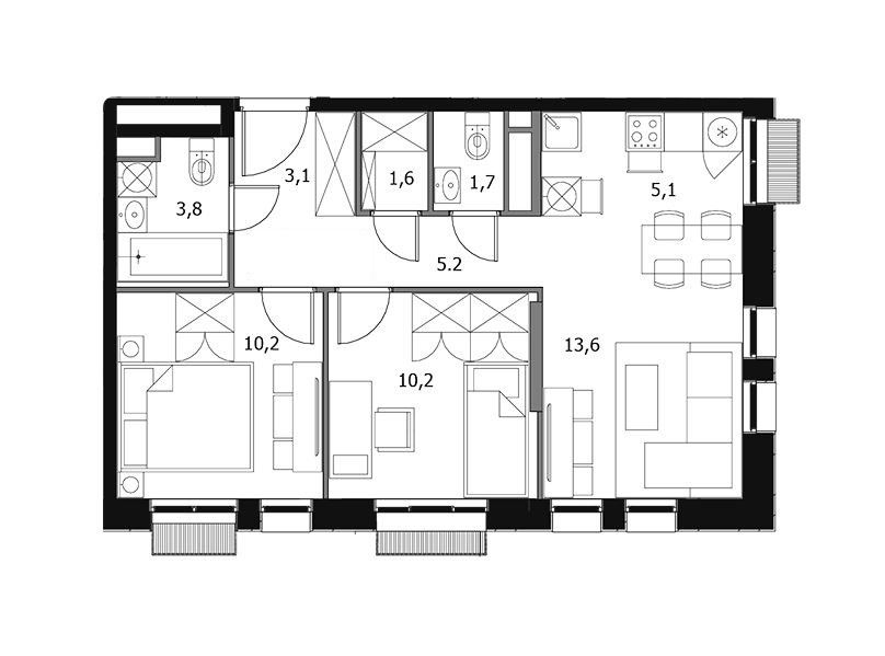 Продаётся 3-комнатная квартира, 54.5 м²