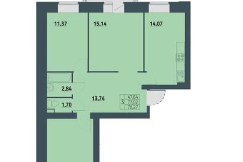 Продаётся 3-комнатная квартира, 78.27 м²