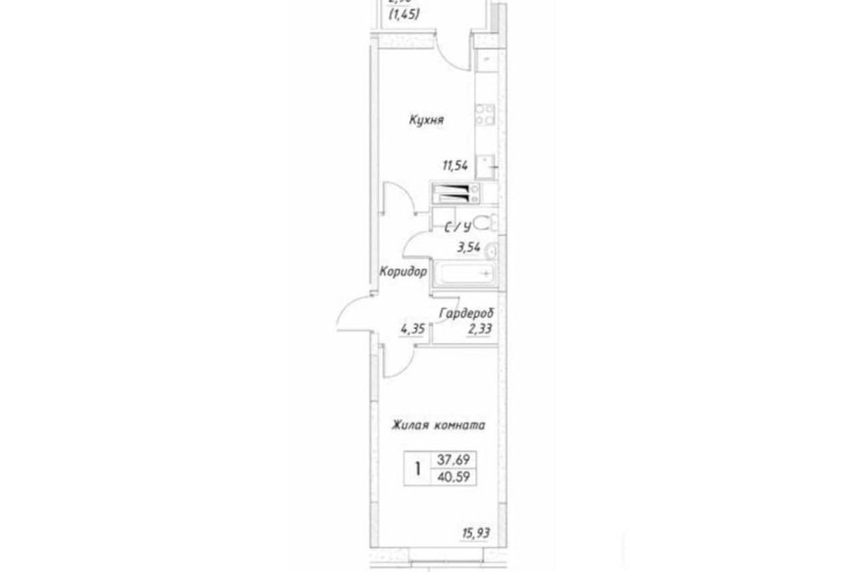 Продаётся 1-комнатная квартира, 40.5 м²