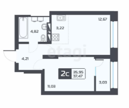 Продаётся 2-комнатная квартира, 37.47 м²