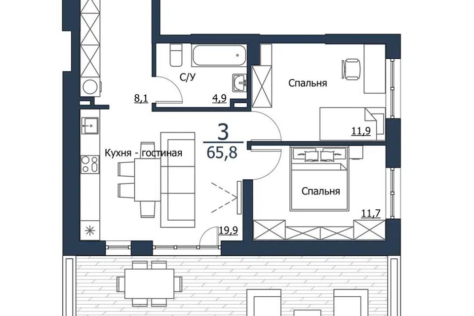 Продаётся 2-комнатная квартира, 65.8 м²