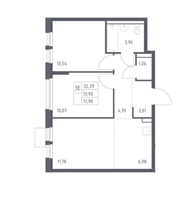 Продаётся 2-комнатная квартира, 51.9 м²