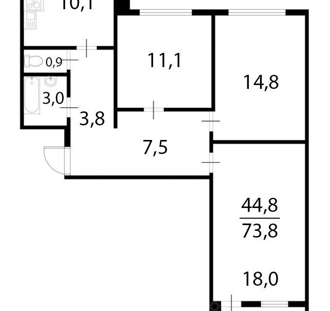 Продаётся 3-комнатная квартира, 73.8 м²