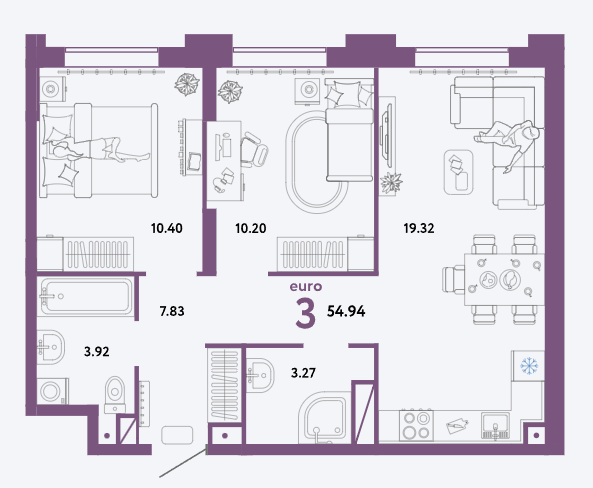 Продаётся 2-комнатная квартира, 54.94 м²