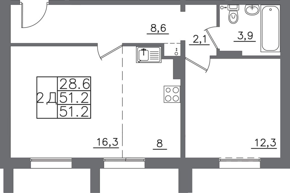 Продаётся 2-комнатная квартира, 51.2 м²