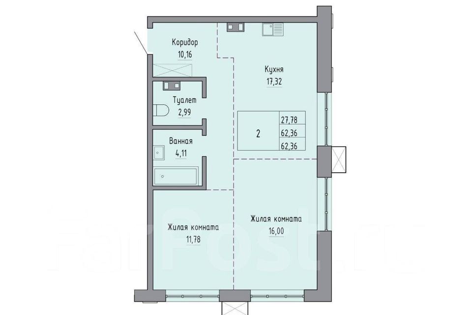 Продаётся 2-комнатная квартира, 62.4 м²