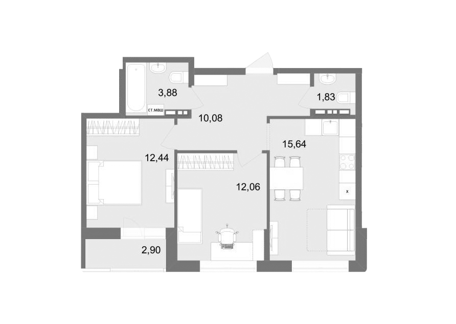 Продаётся 2-комнатная квартира, 57.38 м²