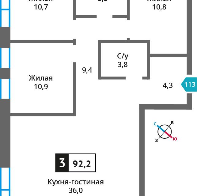 Продаётся 3-комнатная квартира, 92.2 м²