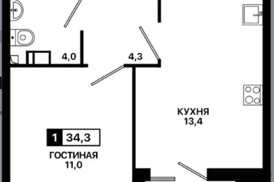 Продаётся 1-комнатная квартира, 34.3 м²
