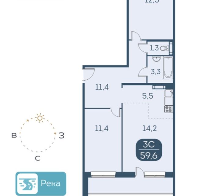 Продаётся 3-комнатная квартира, 60 м²