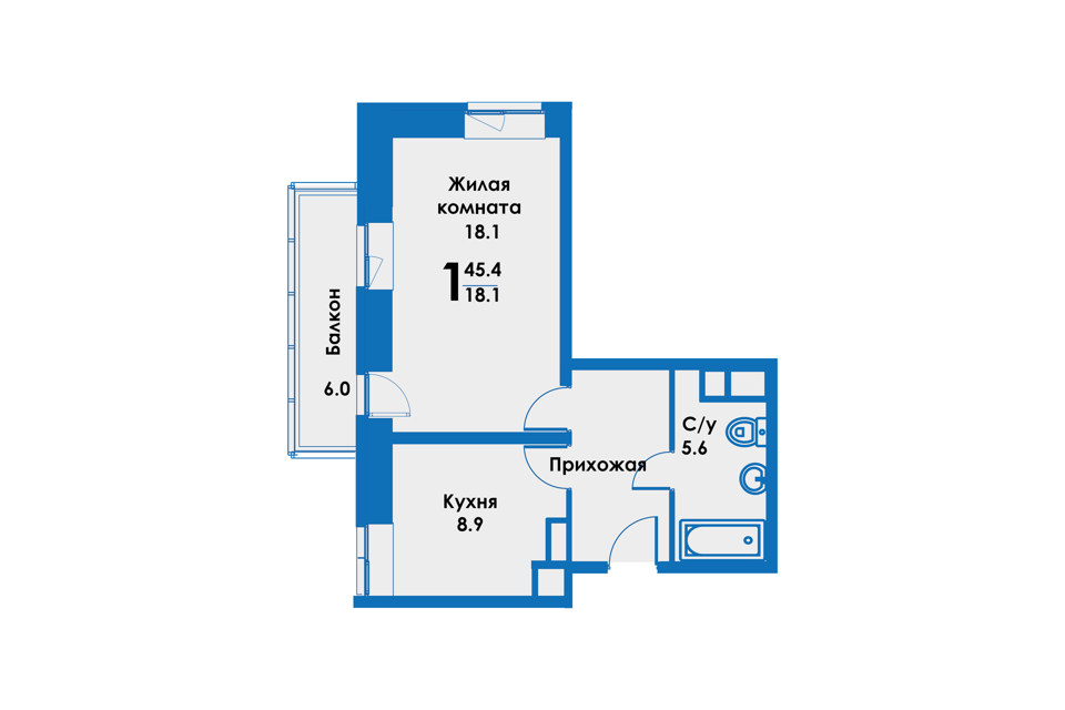 Продаётся 1-комнатная квартира, 44.3 м²