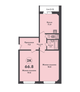 Продаётся 2-комнатная квартира, 66.8 м²