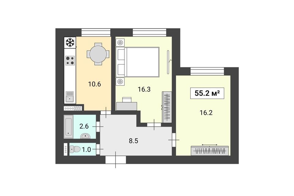 Продаётся 2-комнатная квартира, 55.2 м²